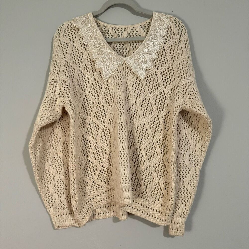 Unbranded Cozy Cream Lace Collar Diamond Knit Granny Sweater XL